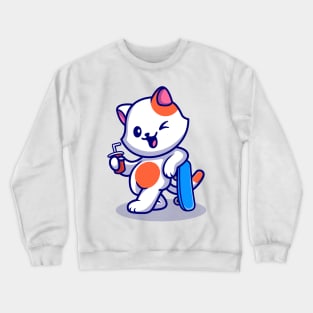 Cute Cat With Skateboard And Soda Cartoon Crewneck Sweatshirt